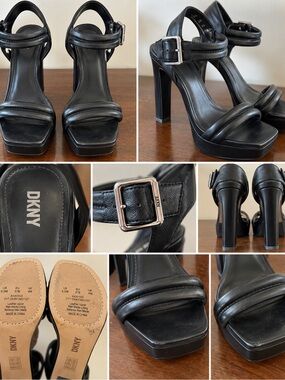 DKNY Black Leather Platform Ankle-Strap Heels